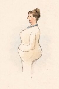 alt="Schematische schets van een vrouw in profiel"